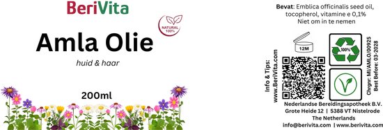 Label "Amla Olie huid & haar 200ml" van Berivita met ingrediënten en bloemenillustratie.