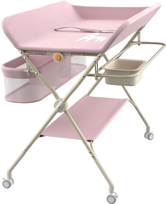 PIPIPOXER-Verschoontafel-Opvouwbare commode, in hoogte verstelbaar, met opbergmand voor pasgeborenen, Roze