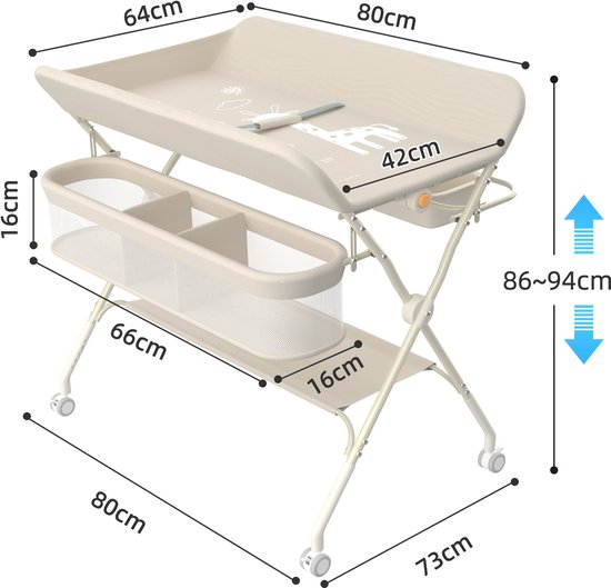Beige commode met afmetingen: 80x64cm (mat), 42cm (breedte dienblad), 86-94cm (hoogte).