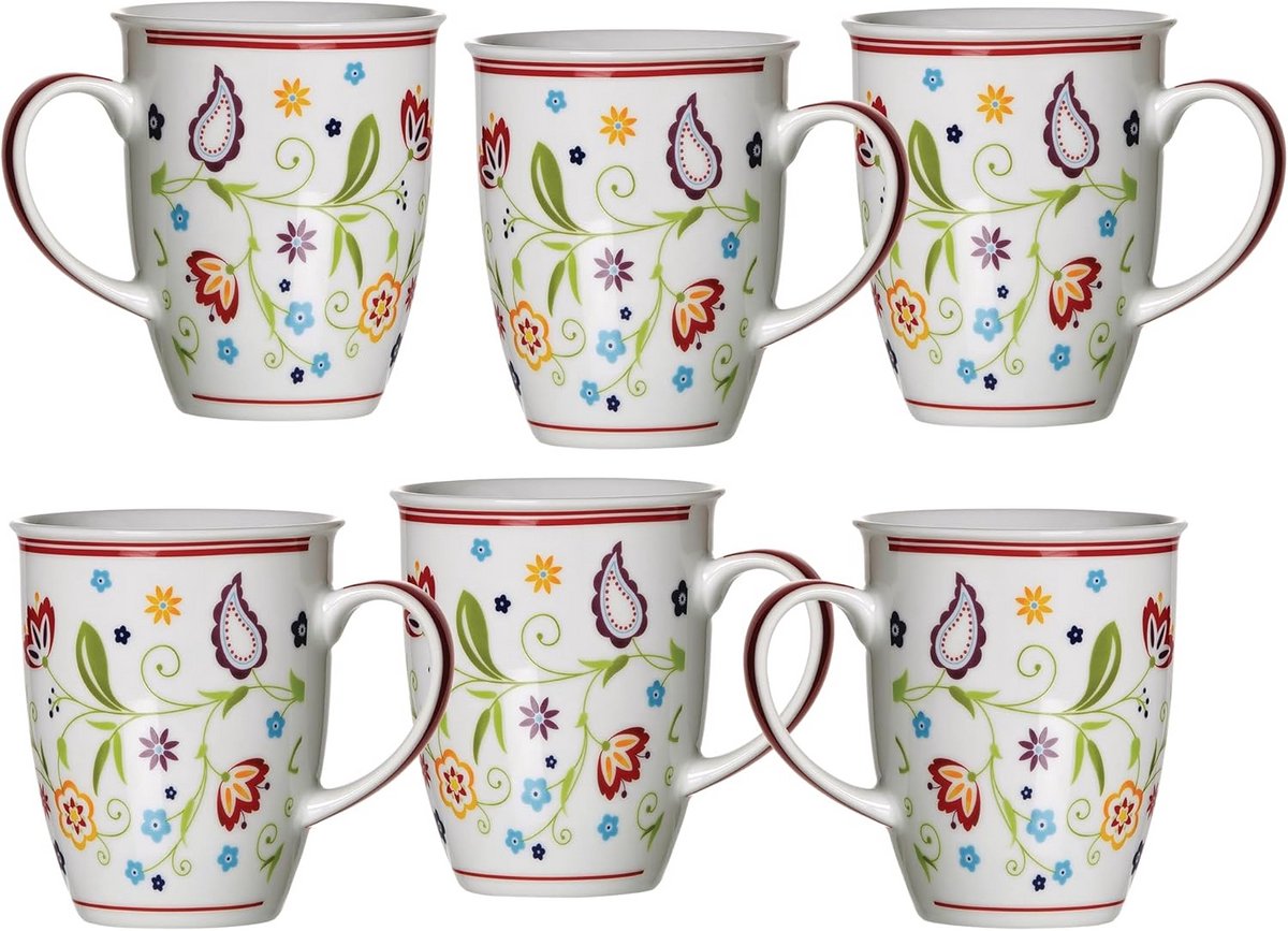 6-delige Koffiemok Set met Bloemendecor, Porselein, 320 ml, Vaatwasmachinebestendig