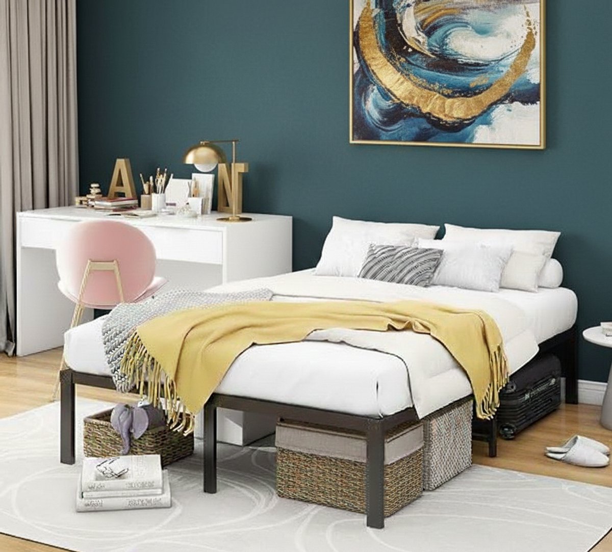 Metalen Bedframe 120x200 met Opbergruimte – Stevig, Geluidloos & Zonder Boxspring Nodig – Modern Zwart Platform Bed – Volwassenen & Tieners – House&Garden