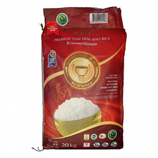 Sac de 20 kg de riz jasmin Hom Mali Golden Royal Bowl.