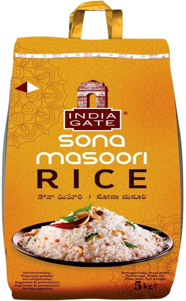 India Gate Sona Masoori Rijst 5 kg – Zuid-Indiase Specialiteit | Aromatische Kortkorrel Non-Basmati Rijst | Licht, Zacht & Perfect voor Dagelijks Gebruik | Ideaal voor Zuid- en Zuidoost-Aziatische Gerechten met Kajal Sticker