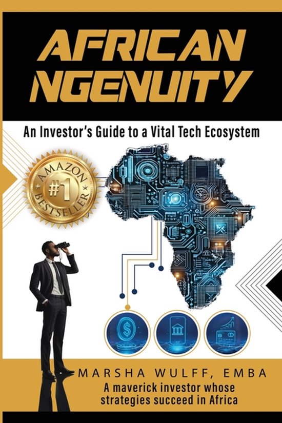 Boekomslag 'African Ngenuity' met een man in pak die door een verrekijker kijkt, en een kaart van Afrika in technologie-thema.
