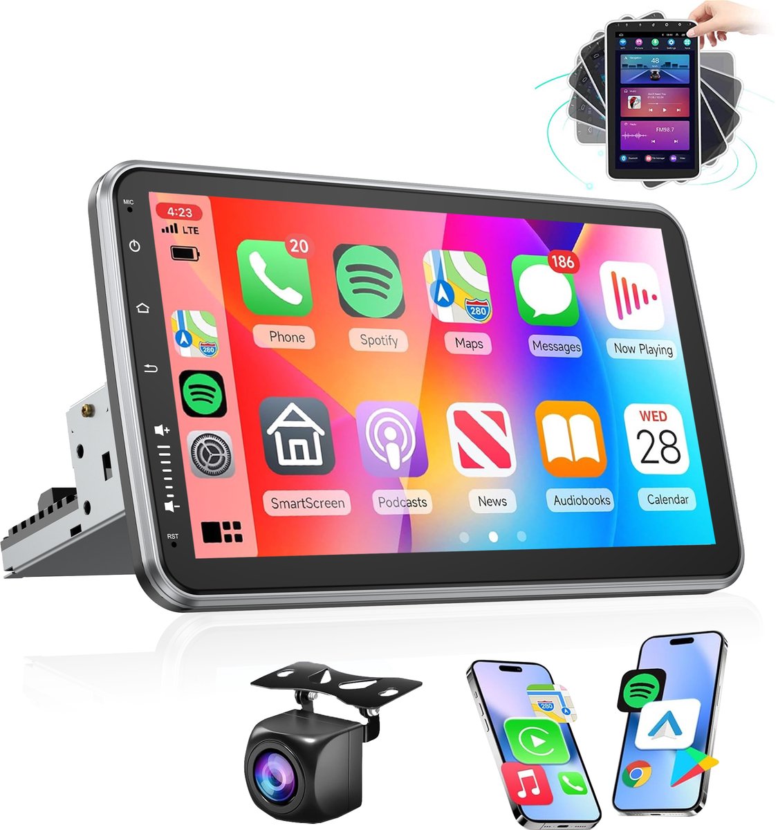 ESSGOO 1Din Autoradio - Android 15 - 4+64GB - Apple Carplay & Android Auto (Draadloos) - 10.1 Inch Draaibaar Touchscreen - GPS Navigatiesysteem - Bluetooth, USB, WIFI, SWC - AHD Achteruitrijcamera