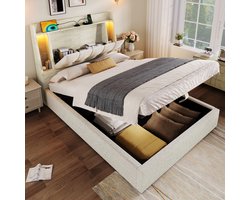 STILVORA Gestoffeerd bed 90×200 cm – Eenpersoonsbed met USB & Type-C Oplaadfunctie – Flip-top bergruimte en LED-lichtstrip – Linnen; MDF – Beige – Zonder matras