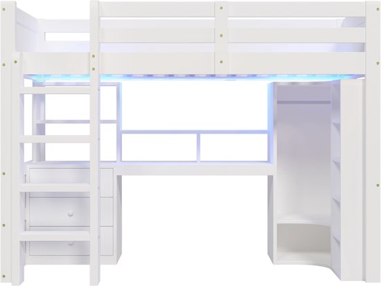 HAUSS SPOLE Lit mezzanine 90x200cm - Lit mezzanine enfant avec LED - Avec armoire intégrée et bureau - Avec 3 tiroirs et étagères de rangement - Bois de pin - Blanc - Sans matelas