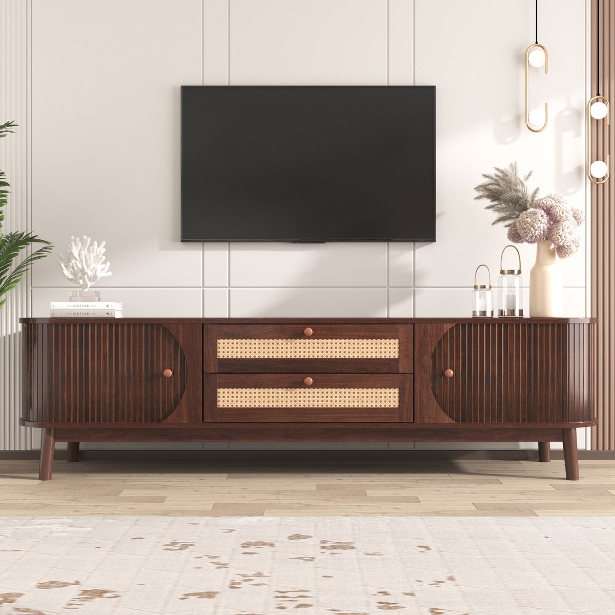 MODFU TV-meubel 170x46x39,5 cm van MDF met rattanladen, houtlook deuren, landelijk design