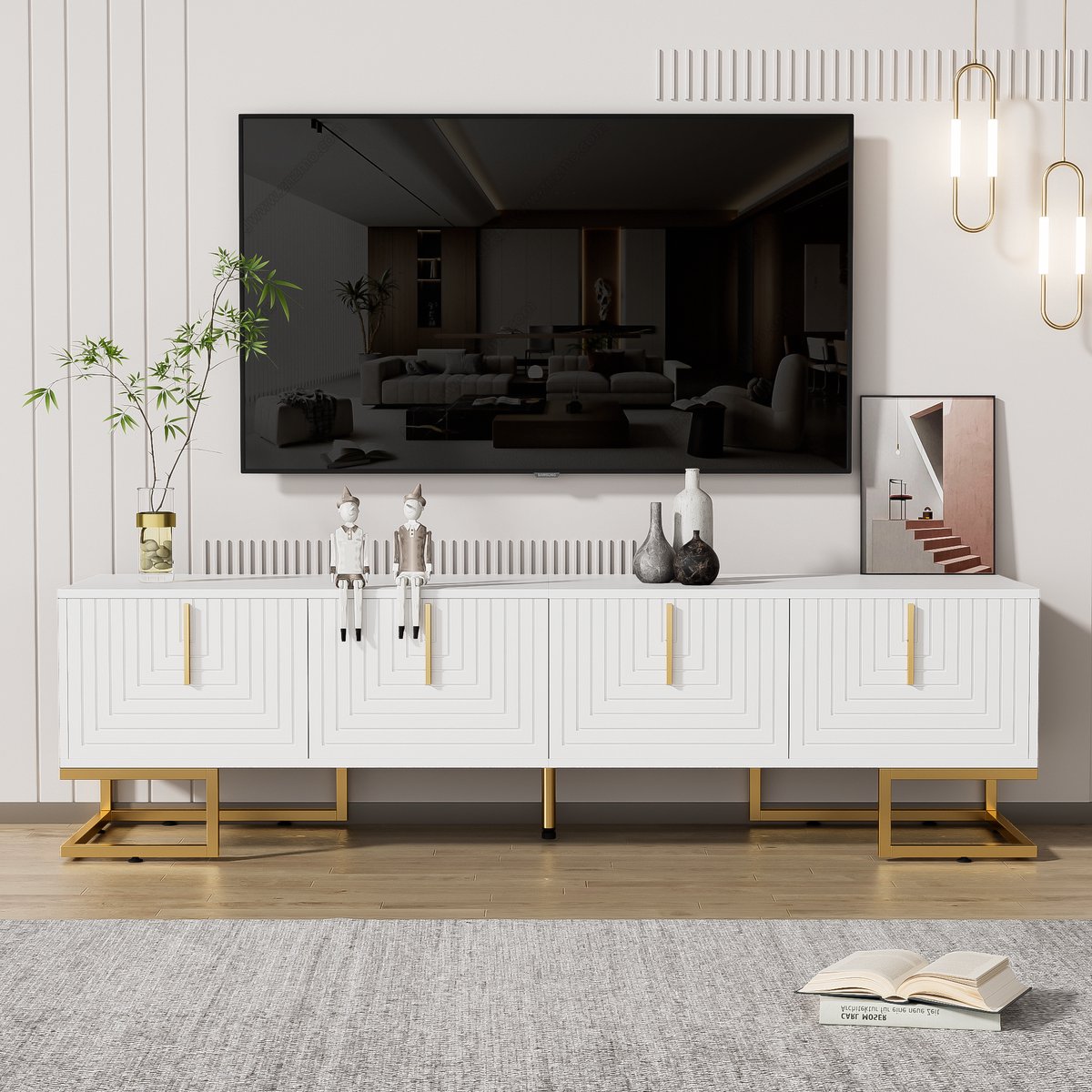 MODFU TV-meubel 170*40*45,5cm van spaanplaat, met gouden poten en grepen en veel opbergruimte