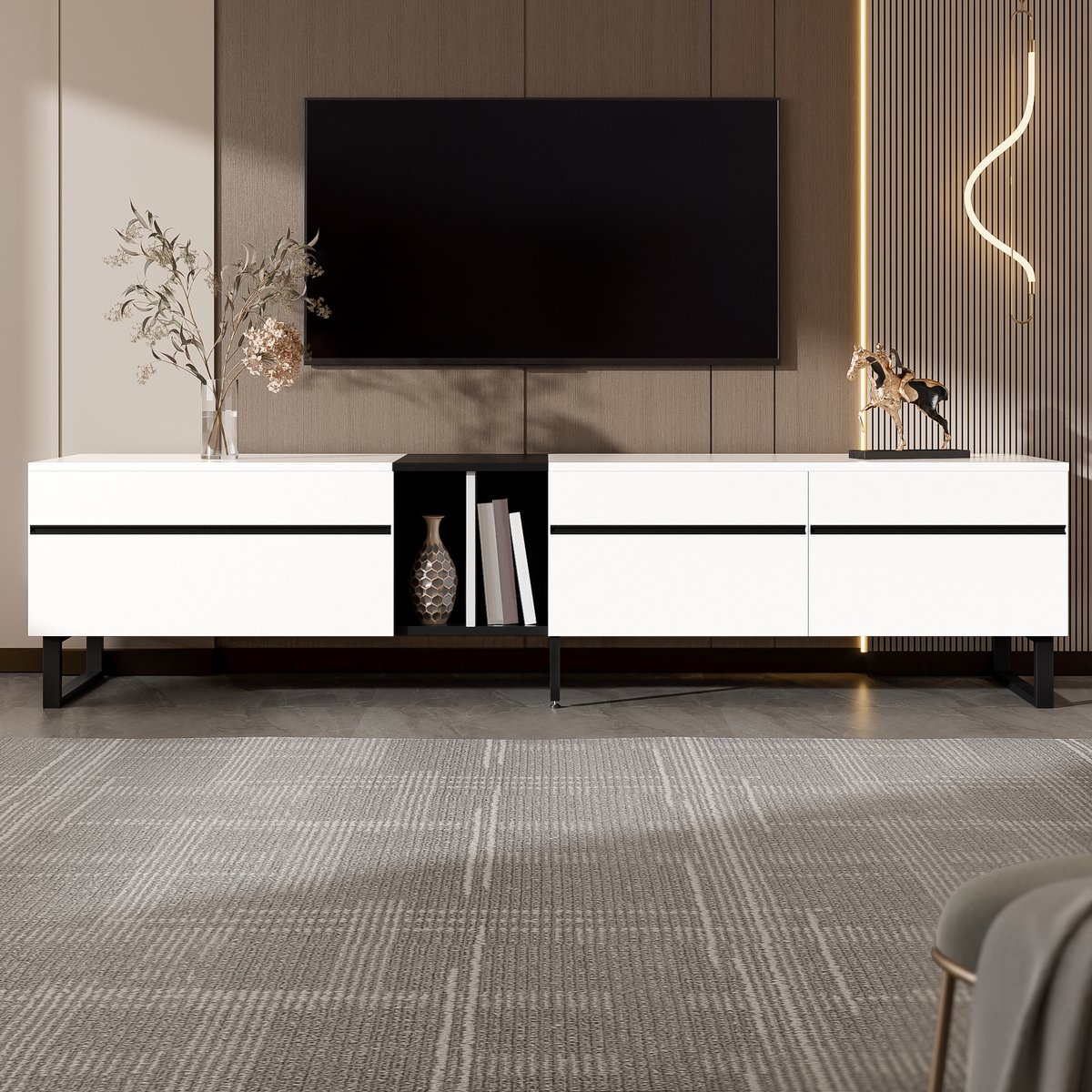 MODFU TV-meubel 180x38x45 cm van spaanplaat in wit, minimalistisch design met klapvak en verstelbare poten