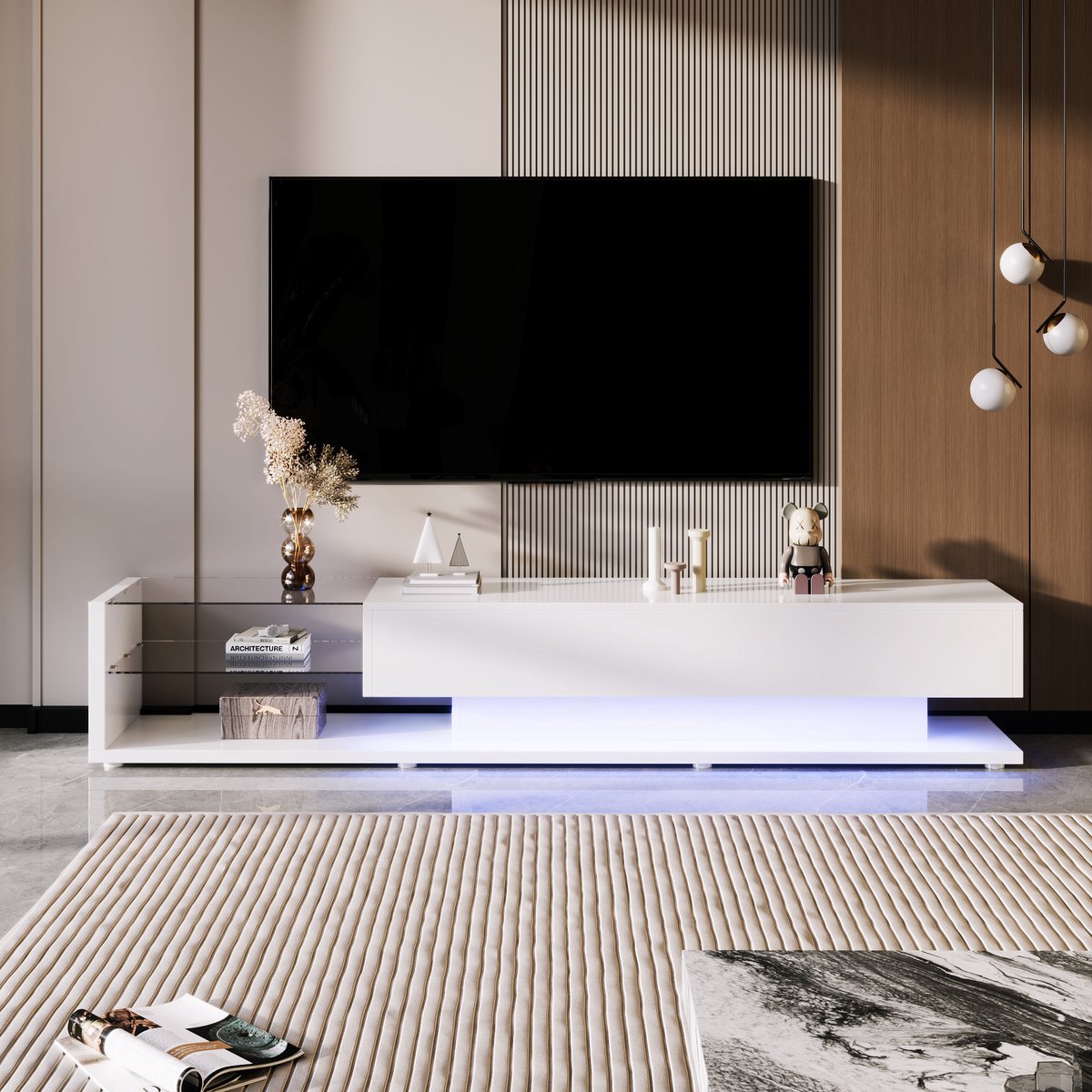 MODFU TV-meubel 170 L x 36 B x 38H(cm) van spaanplaat, hoogglans wit met laden en verstelbare LED-verlichting