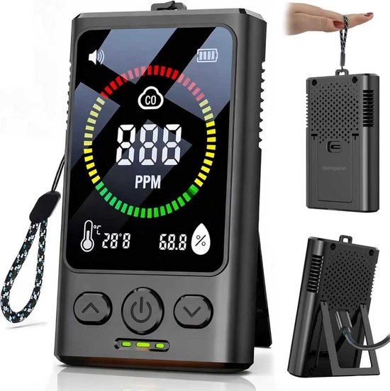 Namajunas - 3 in 1 Combimelder - Koolmonoxidemelders - Thermometer Binnen - Hygrometer - Co-melder Koolmonoxide Melder - Met Display - Rookmelder - Met kunstmatig Alarmgeluid En Testknop - Draagbaar - Geschikt Voor Thuis, Restaurant, Hotel, Kantoor