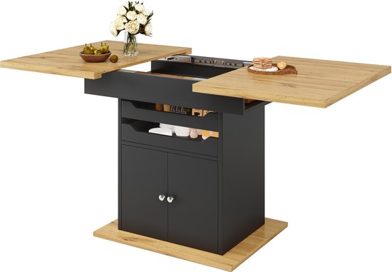 Uitschuifbare eettafel met zwart opbergmeubel en houten tafelblad.