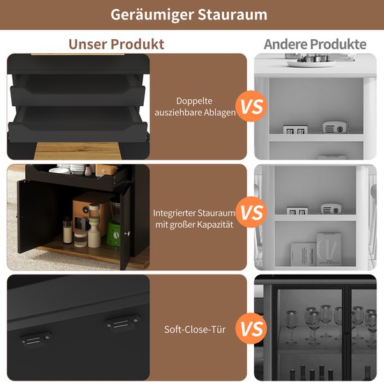 Vergelijking van de opbergruimte van de uitschuifbare tafel met lades, kast en soft-close deuren.