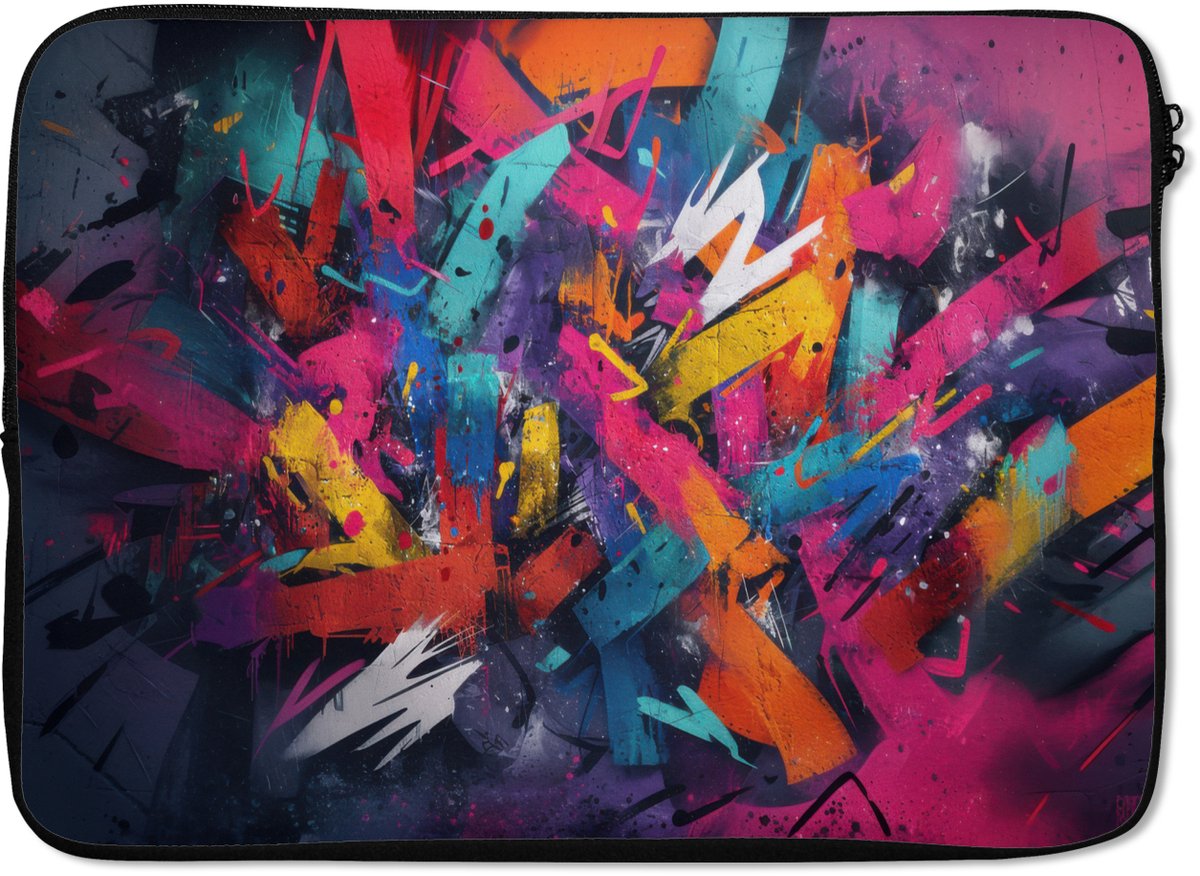 Laptophoes 13 inch - Abstract - Explosie - Neonkleuren - Laptop sleeve - Binnenmaat 32x22,5 cm - Zwarte achterkant