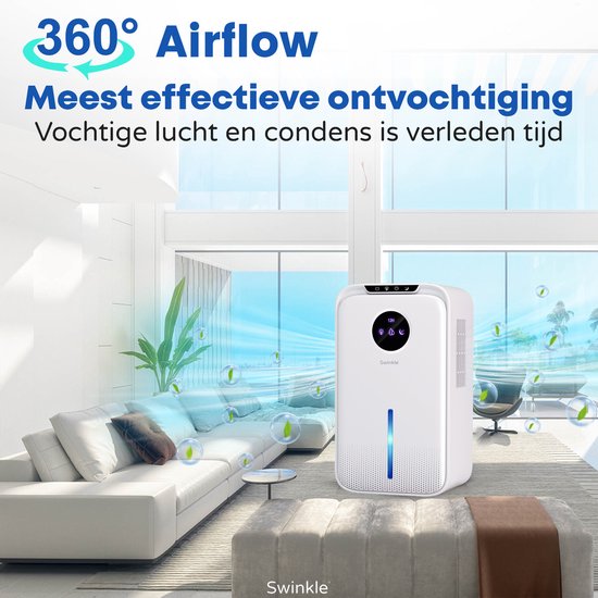 Witte luchtonvochtiger in een moderne woonkamer met grote ramen, 360° luchtstroom.