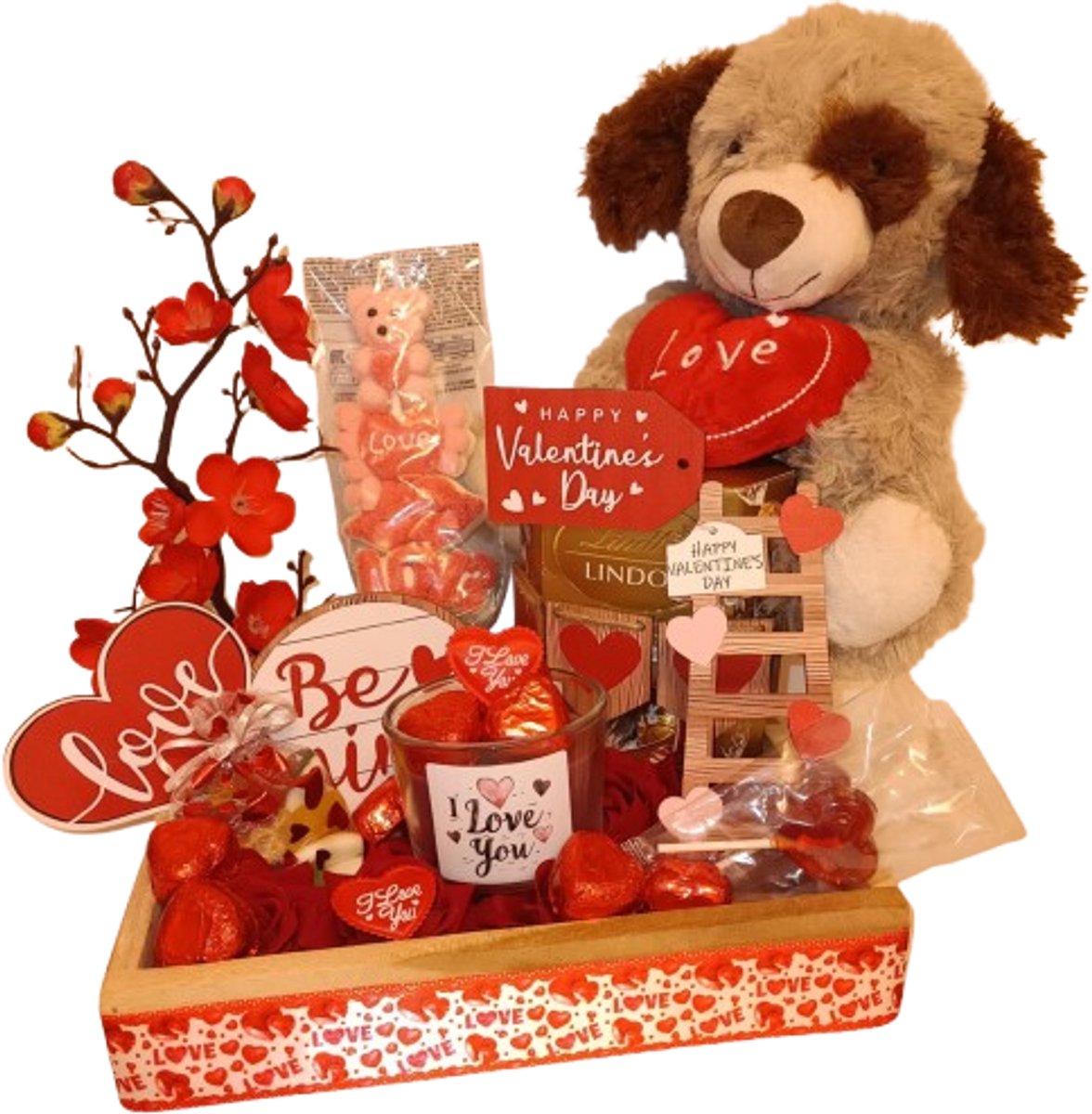 Luxe Valentijns box met Lindt Lindor bonbons en Pluche Hond – Handgemaakt