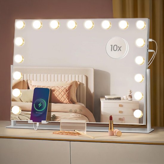 Royals Hollywood Spiegel 63x46CM - 360° Rotatie - 15x Led Lampen - USB + USB-C Oplaadpoort - 10x Vergroting - 3 lichtstanden - Dimbaar - Smart Touch - hollywood spiegel met verlichting - Spiegel met verlichting - Make Up Spiegel - Visagie spiegel