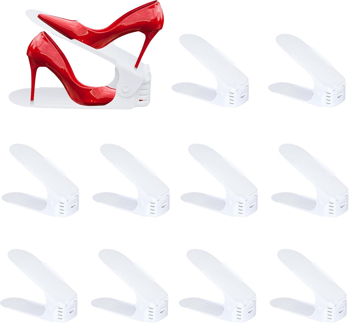 Froadp 20 stuks verstelbare schoenenrek set schoenenstapelaar schoenenhouder antislip schoenenorganizer 3 in hoogte verstelbaar, kunststof-zwart (20 stuks wit)