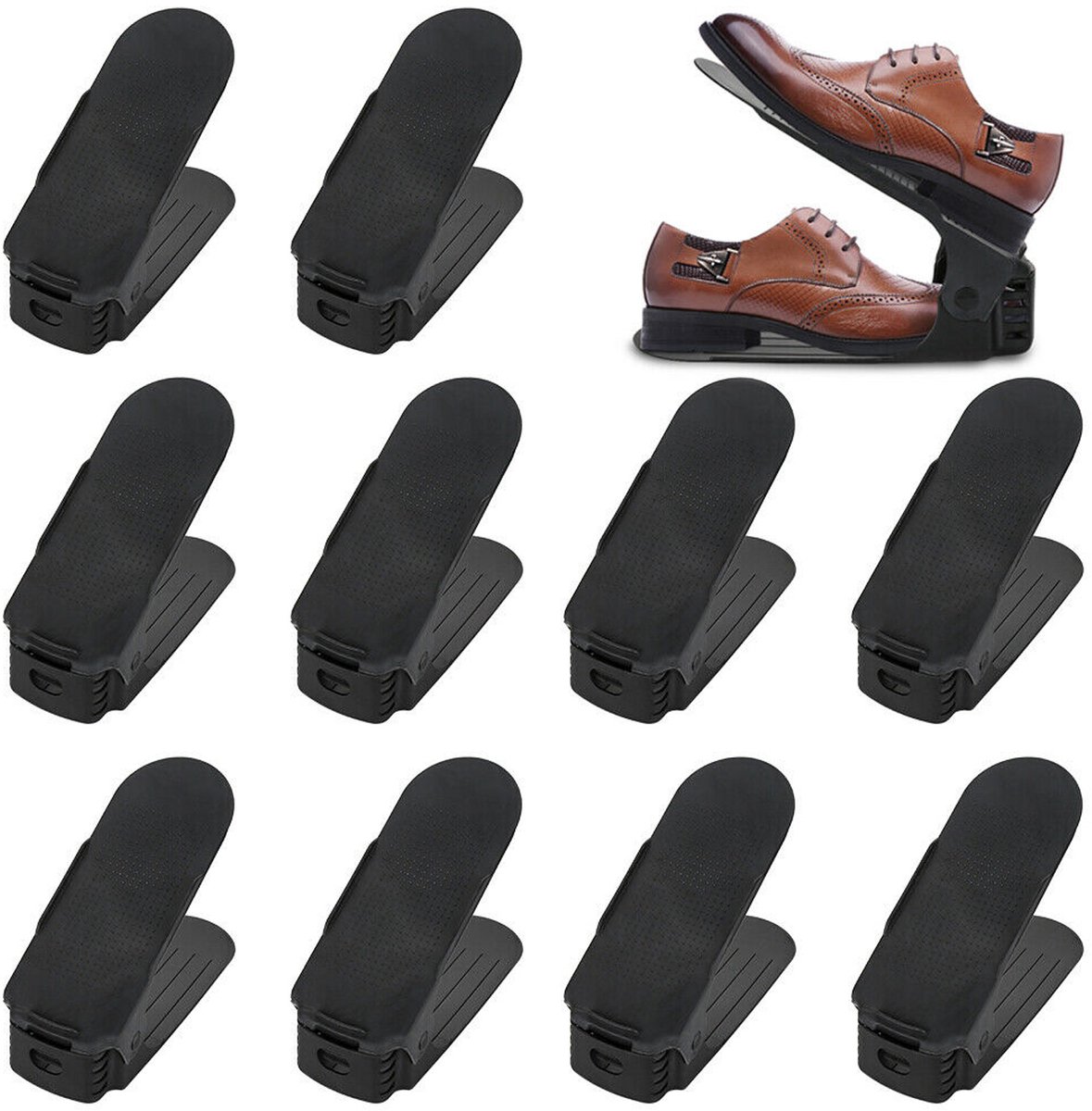 Froadp 10 stuks verstelbare schoenenrek set schoenenstapelaar schoenenhouder antislip schoenenorganizer 3 in hoogte verstelbaar, kunststof zwart