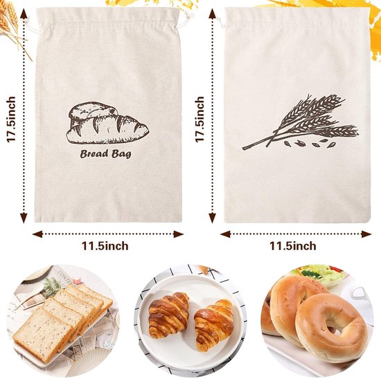 Twee off-white canvas zakken, 17,5 x 11,5 inch. Één met broodprint, de ander met korenaren. Brood, croissants en bagels.