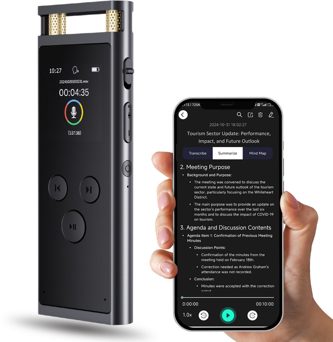 AI Digitale Voice Recorder - 64GB - AI Transcription en Samenvatting - Ondersteuning 102 Talen - App-bediening - voor Vergaderingen Interviews Lesgeven