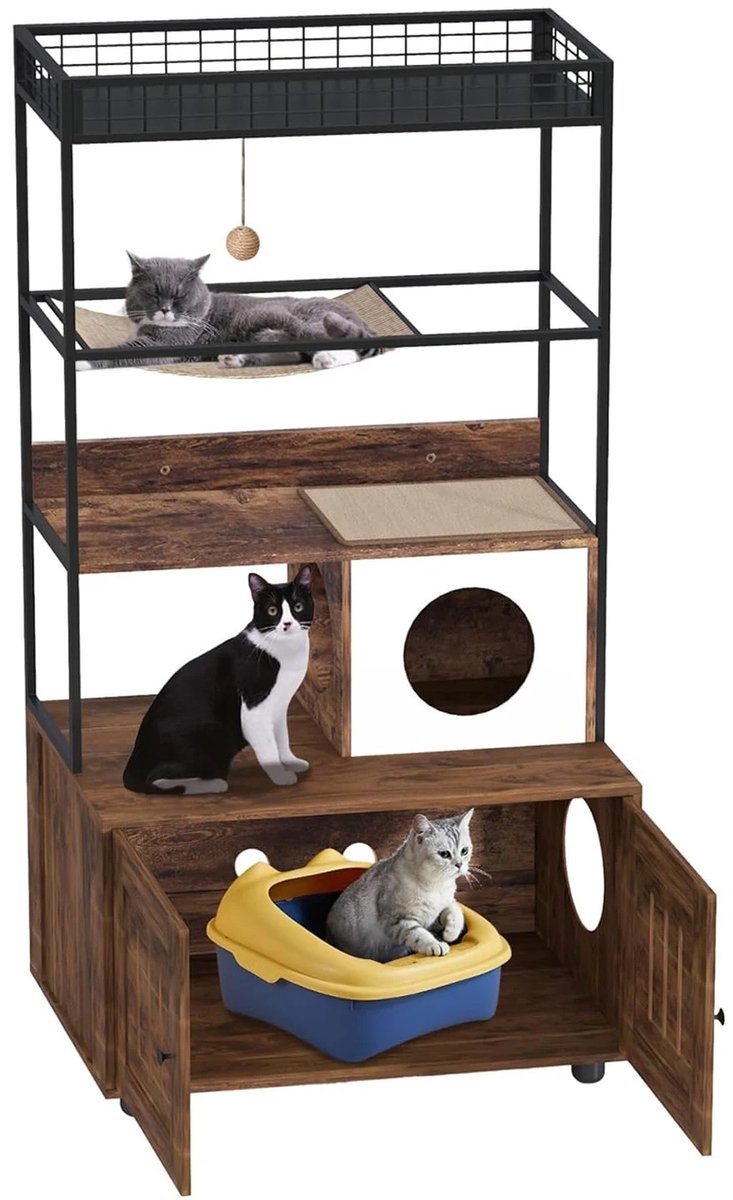 LeeuwenChoice® Luxe Katten Toren & Vitrinekast - Bruin Met Zwart Metaal - Kattebakmeubel Met Huisje, Hangmat, Krabpaal - Met Kattespeeltje - 80x48x152cm