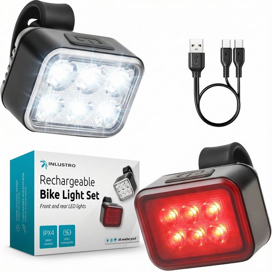 Inlustro Fietslamp Set - Voorlicht / Achterlicht - LED Fietslampjes Rood en Wit - Fietslicht Koplamp - IPX4 Waterdicht - Aluminium behuizing / USB Oplaadbaar