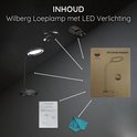 Lampe loupe Wilberg avec éclairage LED, comprenant un câble USB, une prise, des instructions et un chiffon de nettoyage.