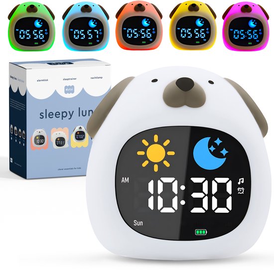 Dutsi - Entraîneur de sommeil Enfants et bébés - Sleepy Luna - Chien - Avec Wekker, bruit Witte et veilleuse - Alarme de sommeil - Réveil pour enfants - Intensité variable