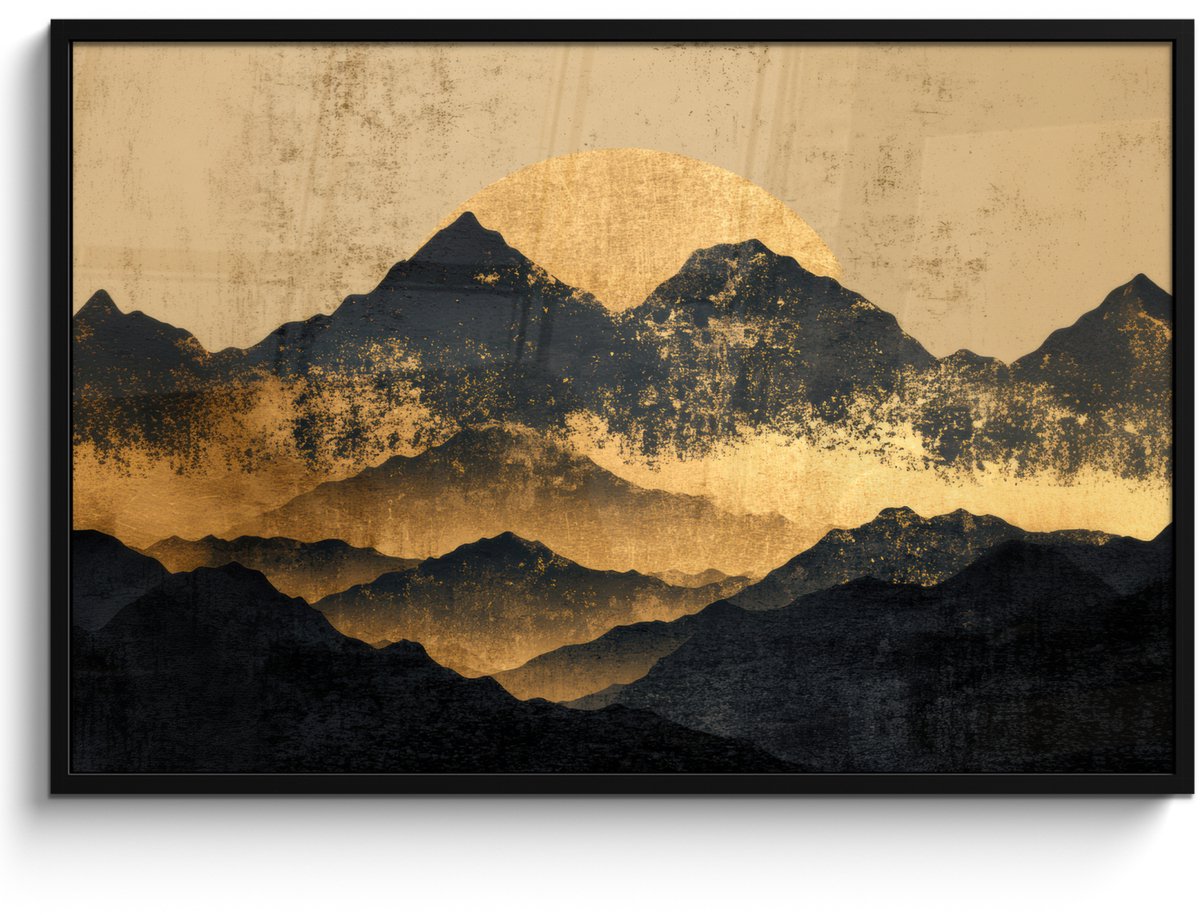 FrameYourWall Poster in lijst - Fotolijst 120x80 cm - Posters - Gouden Bergen bij Maanlicht - Posterlijst zwart - Decoratie - Wanddecoratie woonkamer - Muurdecoratie slaapkamer Bergen - Goud - Schilderij