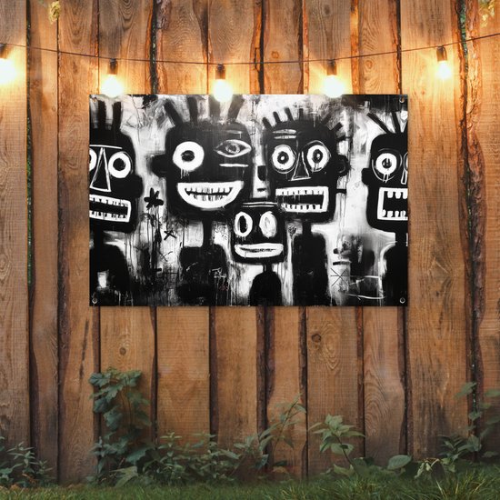 Tuinposter 120x80 cm - Tuindecoratie Schilderij - Figuren - Zwart - Abstract - Poster voor in de tuin - Buiten decoratie - Schutting tuinschilderij - Tuindoek muurdecoratie - Wanddecoratie balkondoek