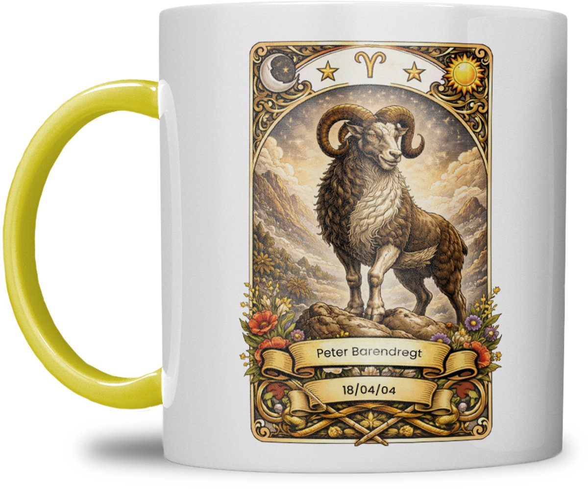 Sterrenbeeld mok - Ram - Geel - Tarot mok - Gepersonaliseerd met naam en datum