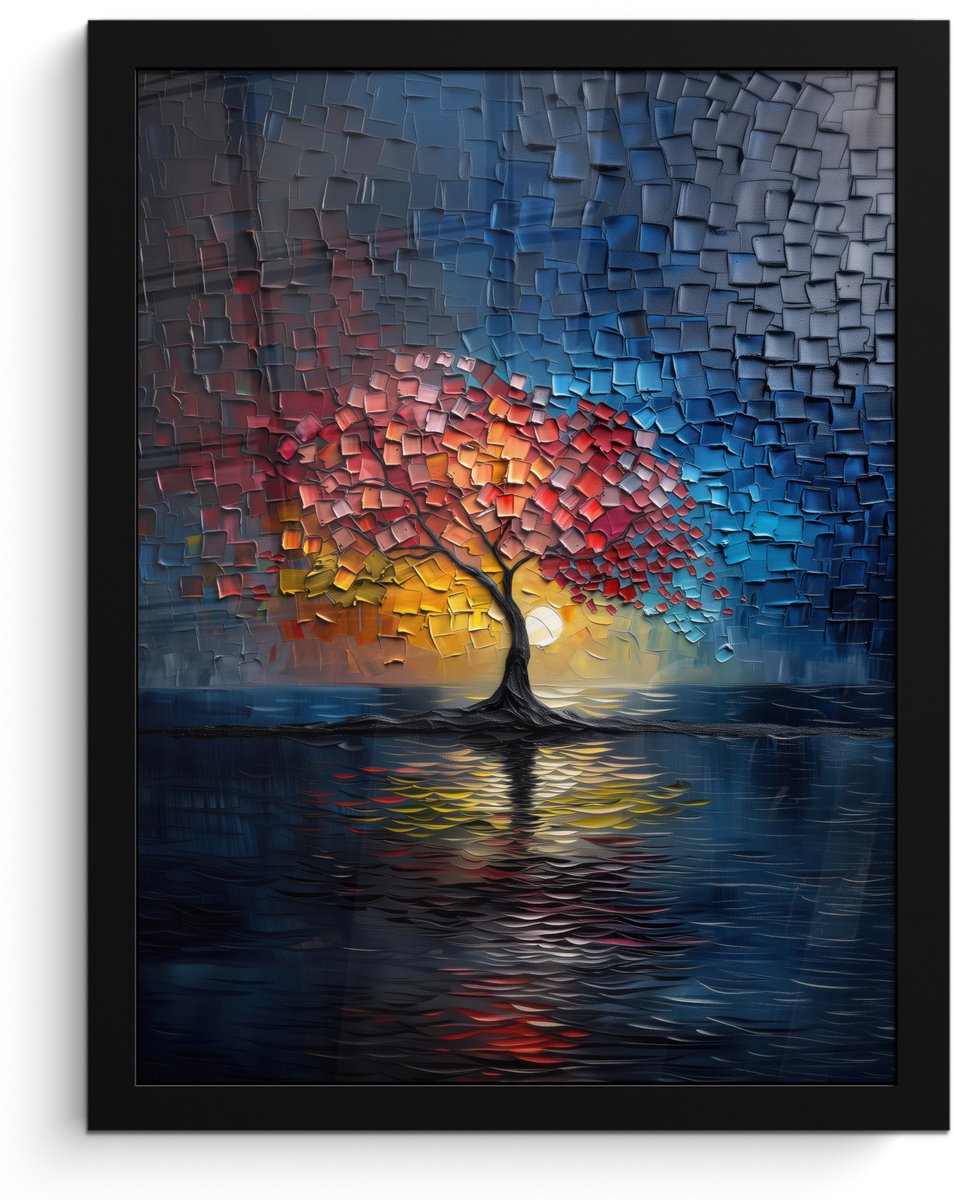 FrameYourWall Poster in lijst - Fotolijst 30x40 cm - Posters - Boom - Blauw - Bladeren - Vakken - Posterlijst zwart - Decoratie - Wanddecoratie woonkamer - Muurdecoratie slaapkamer