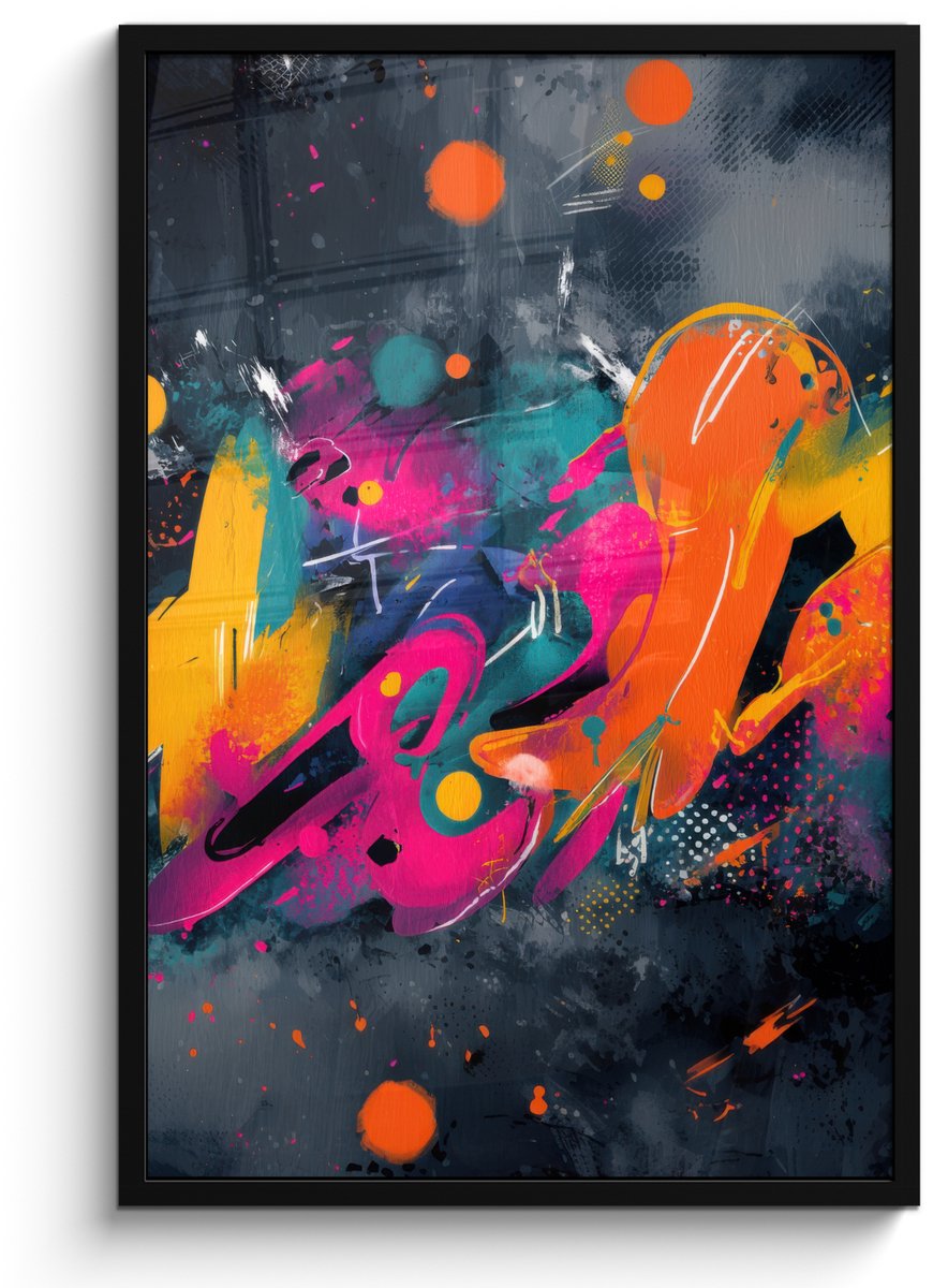 FrameYourWall Poster in lijst - Fotolijst 60x90 cm - Posters - Abstract - Graffiti - Kleurrijk - Verfspatten - Posterlijst zwart - Decoratie - Wanddecoratie woonkamer - Muurdecoratie slaapkamer