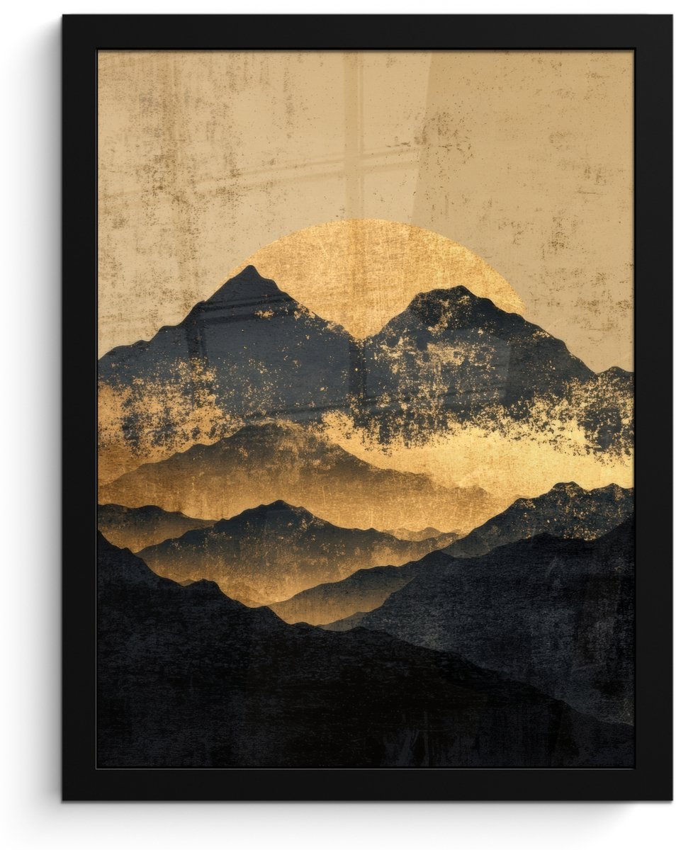 FrameYourWall Poster in lijst - Fotolijst 30x40 cm - Posters - Gouden Bergen bij Maanlicht - Posterlijst zwart - Decoratie - Wanddecoratie woonkamer - Muurdecoratie slaapkamer Bergen - Goud - Schilderij