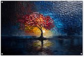 Tuinposter 120x80 cm - Tuindecoratie Boom - Blauw - Bladeren - Vakken - Poster voor in de tuin - Buiten decoratie - Schutting tuinschilderij - Tuindoek muurdecoratie - Wanddecoratie balkondoek