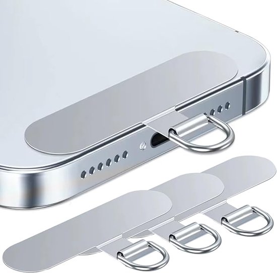 Patch argentée en métal pour lanière de téléphone, avec un anneau pour attacher une lanière au bas d'un smartphone.