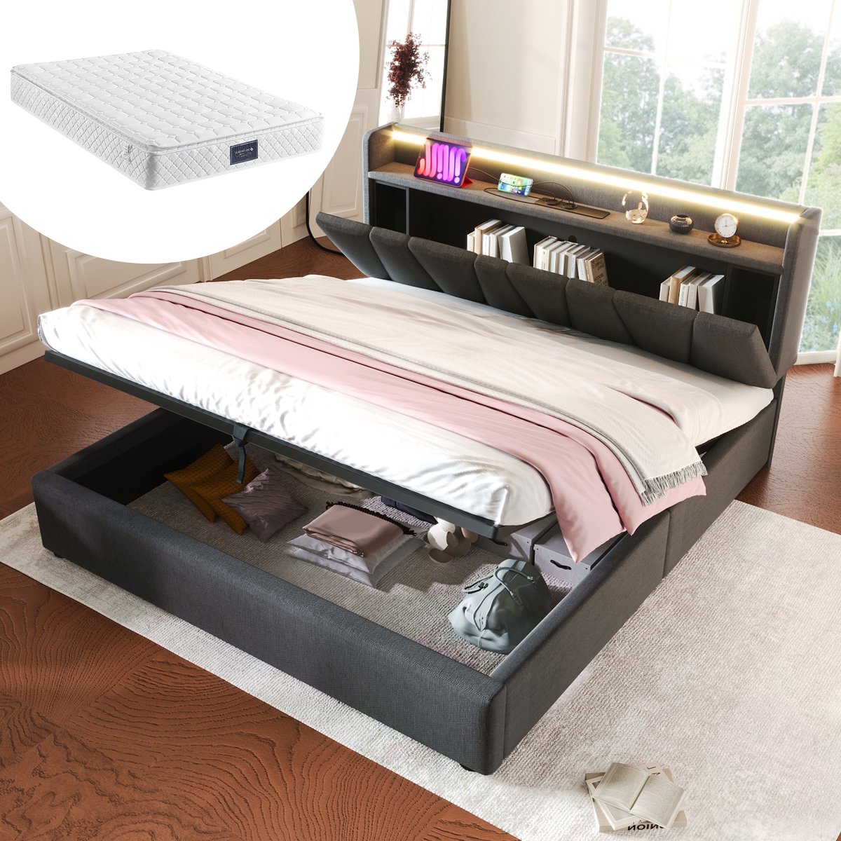 MODFU Bedframe 160x200 cm – grijs linnen – met 2 stopcontacten, USB/Type-C, RGBW LED, opbergruimte en matras