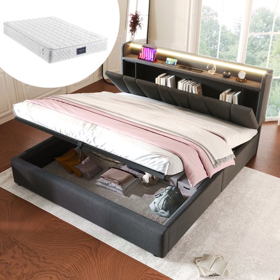 MODFU Bedframe 160x200 cm – grijs linnen – met 2 stopcontacten, USB/Type-C, RGBW LED, opbergruimte en matras