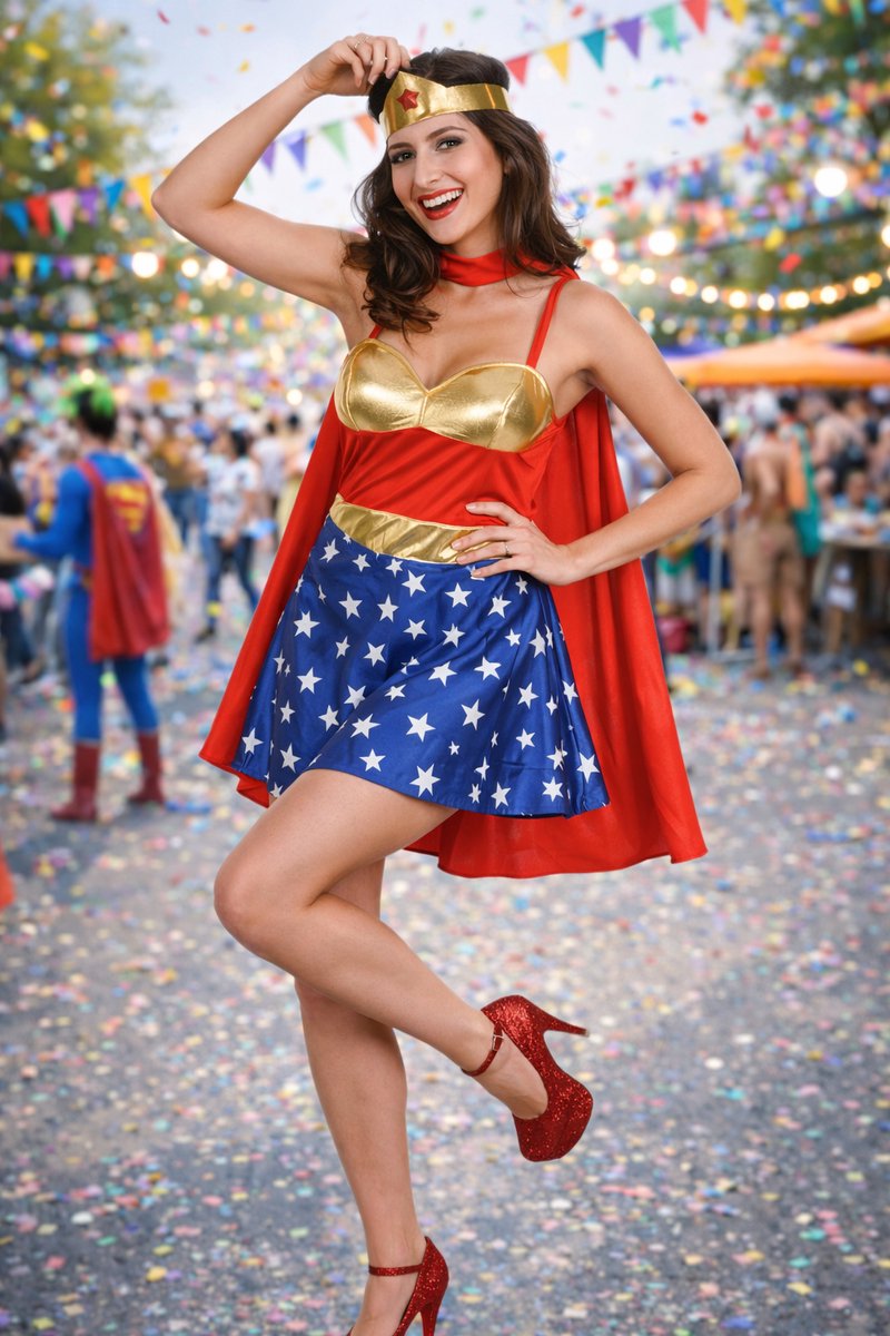 Joya Party® Wonder Vrouw Verkleed Kostuum Dames | Superheldin Woman Verkleedjurk met Cape & Hoofdband | Verkleedkostuum Supervrouw Jurk Carnaval | /M — afbeelding 3