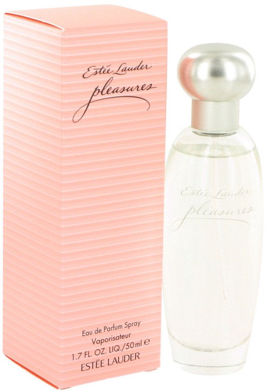 Estée Lauder Pleasures Eau de Parfum spray 50 ml, in een lichte perzikkleurige verpakking met horizontale strepen.