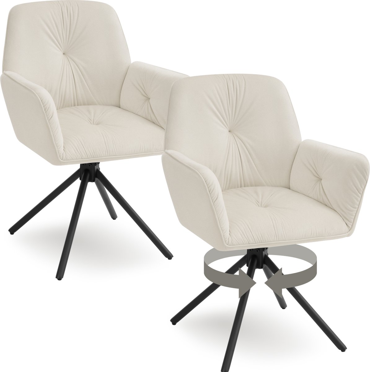 Tectake Draaifauteuil Lenia - Set van 2 Draaifauteuils met Armleuning - Draaibare Eetkamerstoel - Draaibare Fauteuils - Gestoffeerd - Fluweellook Crème/Zwart