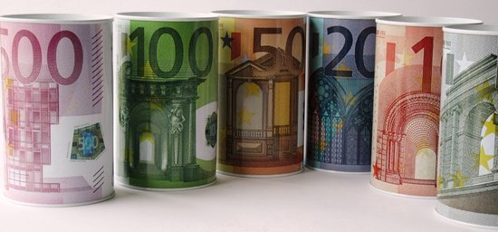 Set van 6 Spaarpotten van Blik - Geldblik met Eurobiljetten