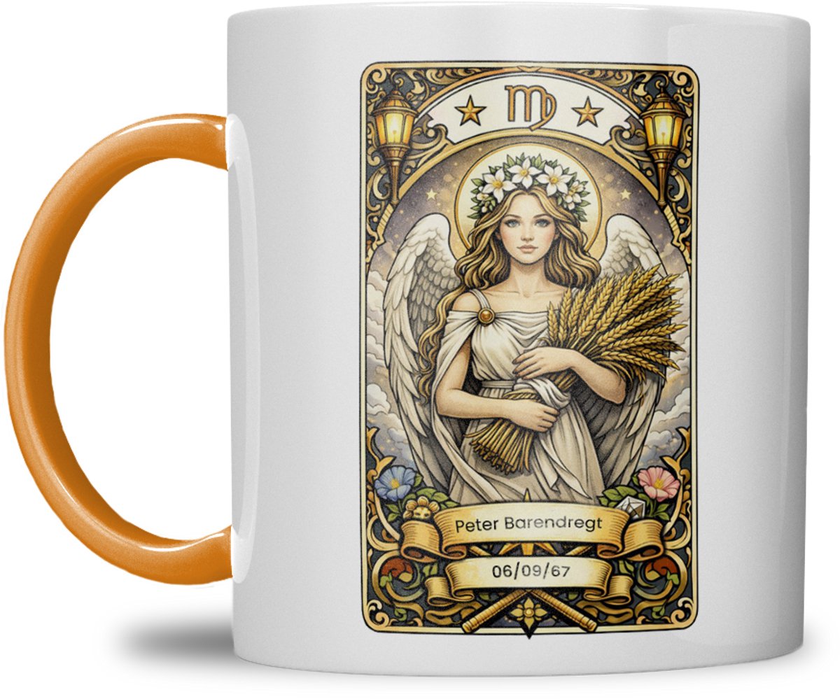 Sterrenbeeld mok - Maagd - Oranje - Tarot mok - Gepersonaliseerd met naam en datum