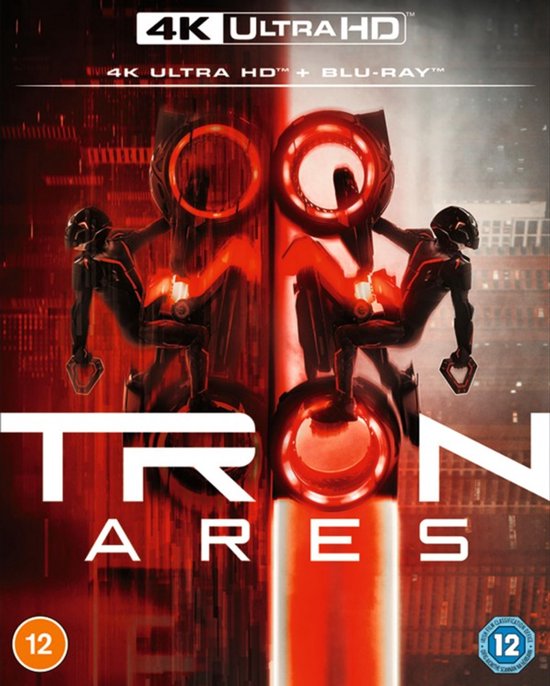 Tron: Ares 4K Ultra HD + Blu-Ray hoes, met twee figuren in futuristische pakken en de titel Tron: Ares.