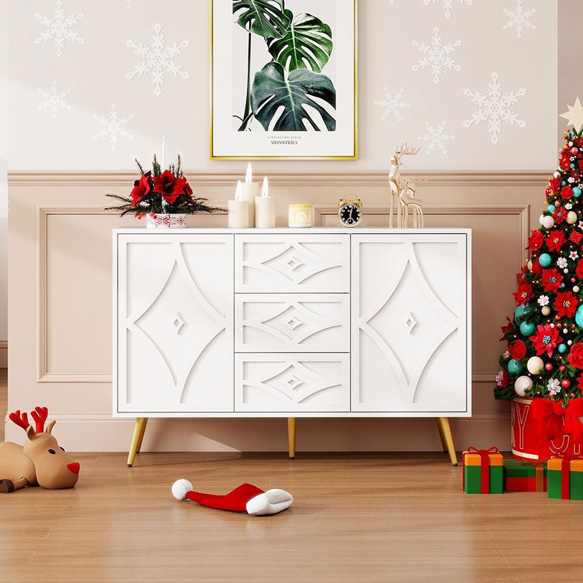 BLACKCOLORS Elegante ladekast met ruitmotief – Witte buffetkast met 3 lades en 2 deuren, gouden poten, 120×40×80 cm, modern design voor de woonkamer, hal of slaapkamer