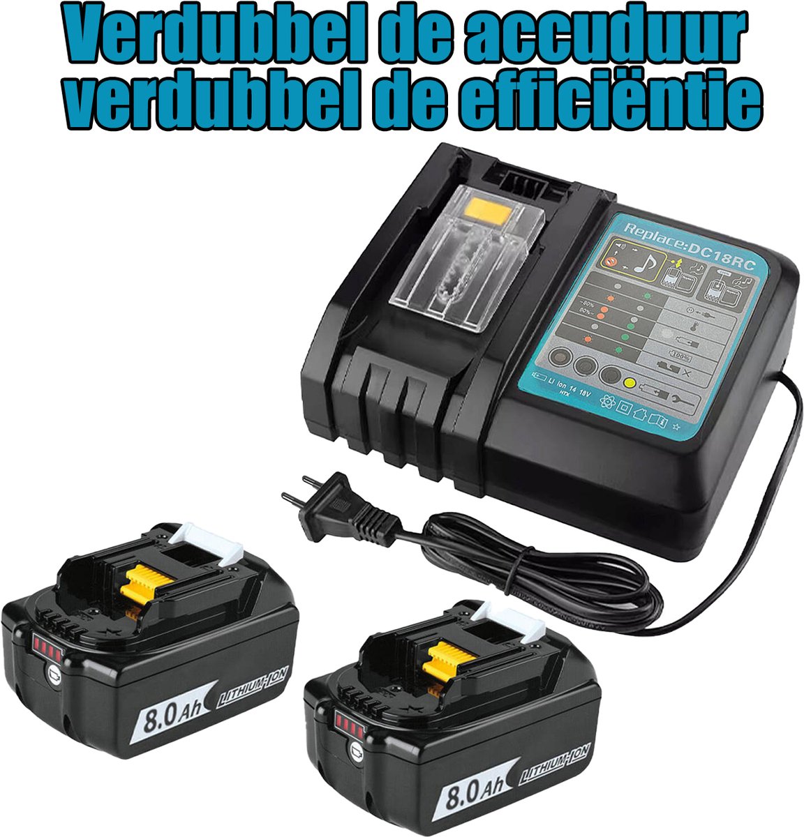 Upgrade van 2 stuks 18V 8000mAh/8,0Ah-batterijen compatibel met Makita elektrisch gereedschap met LED-indicator en oplader