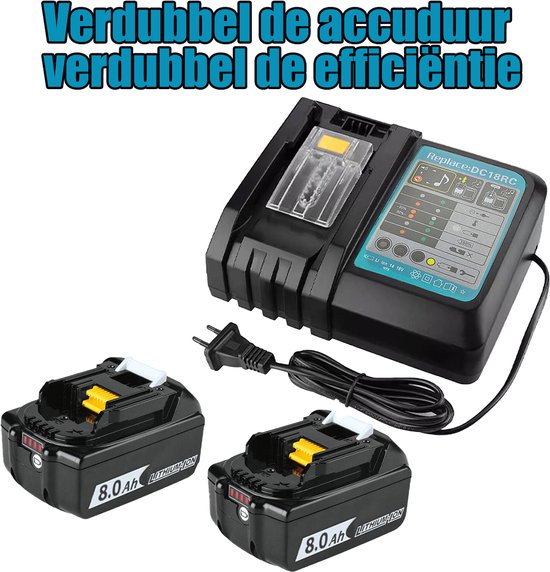 Oplader met twee 18V 8.0Ah lithium-ion batterijen. De tekst "Verdubbel de accuduur verdubbel de efficiëntie" staat op de afbeelding.