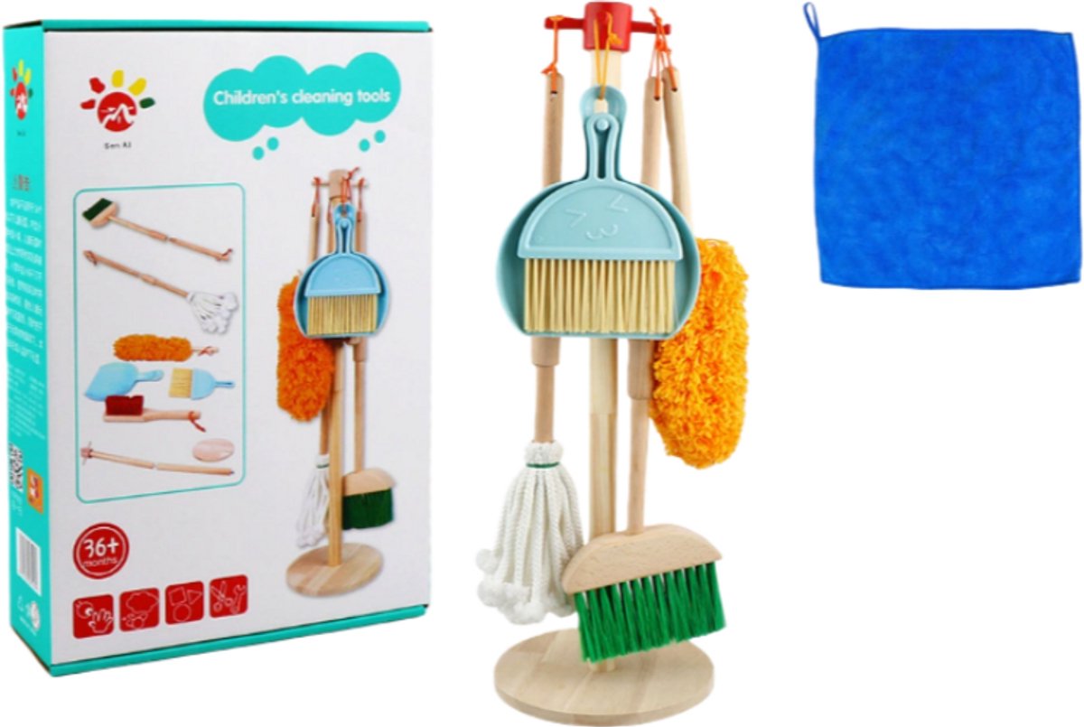 Kinderreinigingsset Speelgoed, Schoonmaakspeelgoed, Geschikt Voor Het Cultiveren Van Hands-On Vermogen Van Jonge Kinderen, Reinigingsgereedschap, Houten Afneembare Bezem, Stofverwijdering, Stofdoek, Borstel, Dweil